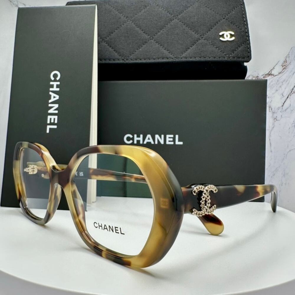 New CHANEL Eyeglasses Brown Gold Chain CC Square Acetate Womens - Picture 1 of 16